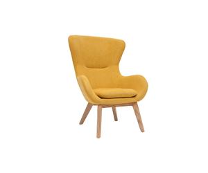 Fauteuil scandinave en tissu effet velours jaune moutarde et bois ESKUA