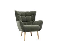 Fauteuil scandinave en tissu effet velours vert kaki et bois clair AVERY