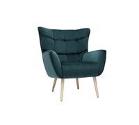 Fauteuil scandinave en tissu velours bleu pétrole et bois clair AVERY
