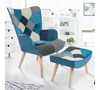 IDMarket - Fauteuil scandinave Ivar avec Repose Pieds en Tissu Patchwork et Velours Bleu