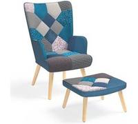 IDMarket – Fauteuil scandinave Ivar avec repose-pieds en tissu patchwork et velours bleu