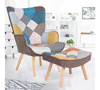 IDMarket - Fauteuil scandinave Ivar avec Repose Pieds en Tissu Patchwork Multicouleurs