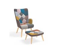 IDMarket – Fauteuil scandinave IVAR avec repose-pieds en tissu patchwork multicouleurs