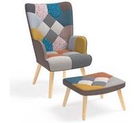 IDMarket – Fauteuil scandinave IVAR avec repose-pieds en tissu patchwork multicouleurs