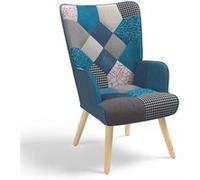 IDMarket - Fauteuil scandinave Ivar - Tissu patchwork et velours bleu