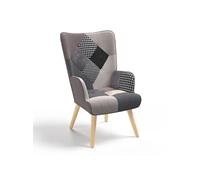 IDMarket - Fauteuil scandinave Ivar - Tissu patchwork noir, gris et blanc