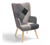IDMarket - Fauteuil scandinave Ivar - Tissu patchwork noir, gris et blanc