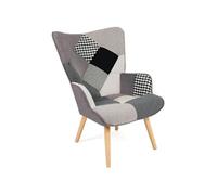 Fauteuil scandinave IVAR en tissu patchwork noir, gris et blanc
