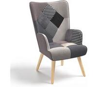 Fauteuil scandinave IVAR en tissu patchwork noir, gris et blanc