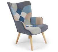Menzzo Fauteuil scandinave Lyliane Effet Patchwork Velours Gris et Bleu