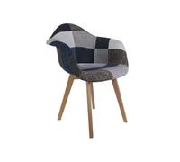 Fauteuil scandinave patchwork bleu gris pieds bois