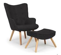 Menzzo Fauteuil Scandinave Noir avec Pouf Repose Pied Salon | Revêtement Tissu | Pieds en Bois | Assise Moelleuse et Confortable | Modèle Lylou | L64 x P48 x H100 cm | Hauteur Assise 42 cm