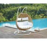Fauteuil suspendu 2 places en résine tressée - Naturel clair avec coussins blancs - TILLO de MYLIA