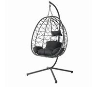 Fauteuil Suspendu CUZCO Effet Rotin Noir Support Acier | Charge maximale 130 kg, deux coussins déperlants inclus, idéal en intérieur comme en extérieur.
