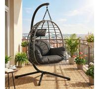Fauteuil suspendu de 196 cm avec structure, fauteuil de jardin pliable en forme d'œuf avec housse imperméable et coussin, fauteuil suspendu robuste en acier pour une utilisation intérieure et extérieu
