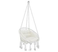 Fauteuil suspendu de jardin, corde de coton, effet macrame, structure murale en acier, coussin de hamac avec assise rembourrée pour extérieur, terrasse, design moderne jusqu'à 160 kg (Beige)