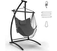 Fauteuil suspendu de type C avec support, cadre de hamac noir et balançoire suspendue grise, balançoire en tissu avec coussins confortables, fauteuil suspendu pour extérieur, balcon, terrasse