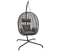 Fauteuil suspendu d'extérieur avec structure et pied, 194 cm, anthracite, en polyrotin, avec coussin pour l'extérieur et l'intérieur, jardin, terrasse, fauteuil suspendu, balançoire rembourrée