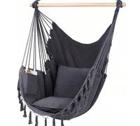 Fauteuil suspendu d'extérieur, fabriqué dans un matériau durable et facile à assembler, comprenant une housse et deux coussins, poutres en bois renforcées, style bohème, confortable fauteuil suspendu