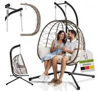 Fauteuil Suspendu Double Aria de Juskys - Fauteuil Suspendu en polyrotin avec Support & Coussins - balancelle pour Deux Personnes - Fauteuil d'extérieur/d'intérieur - Panier XXL Beige