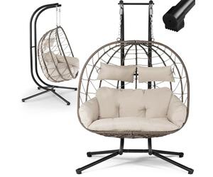 Fauteuil Suspendu Double Aria de Juskys - Fauteuil Suspendu en polyrotin avec Support & Coussins - balancelle pour Deux Personnes - Fauteuil d'extérieur/d'intérieur - Panier XXL Beige
