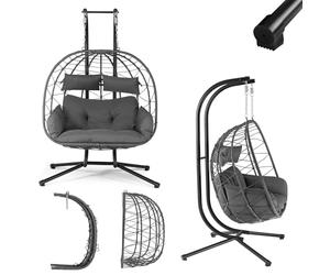 Fauteuil Suspendu Double Aria de Juskys - Fauteuil Suspendu en polyrotin avec Support & Coussins - balancelle pour Deux Personnes - Fauteuil d'extérieur/d'intérieur - Panier XXL Gris