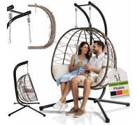 Fauteuil suspendu double Juskys en polyrotin beige - XXL - 2 personnes - Support inclus - Charge 220 kg
