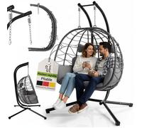 Fauteuil suspendu double Juskys en polyrotin gris - 2 personnes - Support et coussins inclus