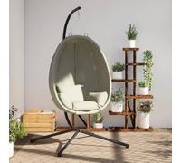 Fauteuil suspendu en forme d'œuf avec cadre en acier robuste et coussin beige, autonome, résistant aux intempéries, pour jardin, terrasse, balcon et détente en plein air, avec housse de coussin