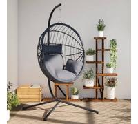 Fauteuil suspendu en forme d'œuf avec support, gris rotin et acier, chaise à bascule pour jardin et salon avec coussin amovible, hamac cantilever robuste
