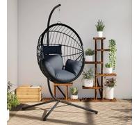 Fauteuil suspendu en forme d'œuf avec support, structure en acier anthracite, rotin et corde, coussin épais rembourré amovible avec housse lavable, design balançoire pour salon