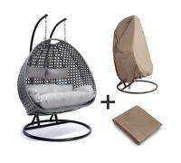 Fauteuil suspendu en polyrotin avec housse de pluie HOME DELUXE TWIN - gris (pour 2 personnes, ensemble complet)