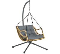 Outsunny Fauteuil Suspendu en résine tressée avec Support, Chaise Suspendue, Chaise hamac balançoire, Coussin et Attache de sécurité, Hauteur réglable, Cadre en Acier, intérieur et extérieur, Gris