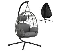 Fauteuil Suspendu œuf Pliable avec Support Acier - Rotin Gris résistant aux intempéries - Coussins Gris, Housse imperméable Noire - pour Jardin, terrasse, intérieur Capacité 150 kg