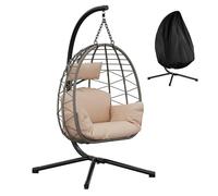 Fauteuil Suspendu œuf Pliable avec Support - Rotin PE Gris résistant - Coussins Beiges Confortables, Housse imperméable Noire - Jardin, terrasse, Balcon - Capacité 130 kg