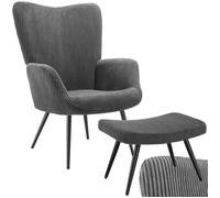 Fauteuil - TECTAKE - Fauteuil HYGGE en acier et polyester à l'aspect velours large côtelé avec tabouret - Anthracite/Noir