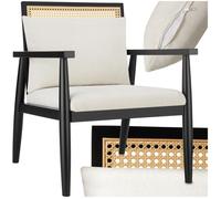 TecTake® Fauteuil Relax Fauteuil Salon Confortable en Bois Massif & Cannage, avec Coussins & Accoudoirs pour Salle à Manger, Salon, Chambre, Chaise Bureau, Allaitement, TV