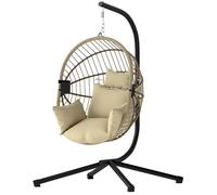 Fauteuil œuf suspendu - Outsunny - intérieur et extérieur - panier pliable - coussin rembourré - poche - cadre en acier - kaki