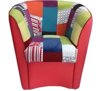 Fauteuil - VALENTINA - Similicuir ROUGE - Tissu patchwork multicolore - Design contemporain - 1 place