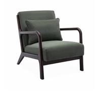 Fauteuil velours côtelé vert . pieds bois d'hévéa teinté wengé. 1 place droit fixe. pieds compas scandinave. structure en bois