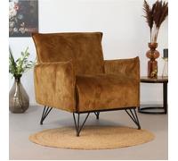 Fauteuil velours Mika jaune ocre / cognac - Livin24 - 1 place - Scandinave - Moderne - Relaxation