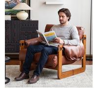 Fauteuil vintage en cuir PU avec accoudoirs et pieds en bois, relax pour salon/chambre, style lounge lecture, marron