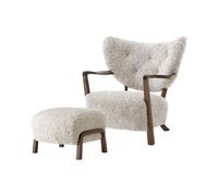 Fauteuil Wulff ATD2 en Peau de Mouton Moonlight/ Noyer, Pouf ATD3 Inclus
