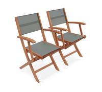sweeek - Fauteuils de Jardin en Bois et textilène - Almeria Kaki - 2 fauteuils pliants en Bois d'Eucalyptus huilé et textilène
