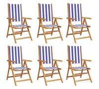 Fauteuils Pliants Inclinables 6 Pièces Tissu Bleu Et Blanc Bois Massif | Bois d'acacia massif, dossier inclinable, pliage compact, accoudoir plat, 110 kg par siège, jardin patio balcon