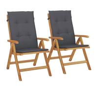 Fauteuils Pliants Inclinables avec Coussins, 2 Pièces, Bois de Teck Massif | Dossier réglable 6 positions, assise à lattes, accoudoirs incurvés, fonction pliable, coussin dérapant, max 110 kg par