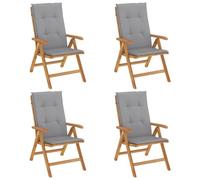 Fauteuils Pliants Inclinables Avec Coussins, 4 Pièces, Bois De Teck | Dossier 6 positions, assise à lattes, accoudoirs incurvés, max 110 kg, housse imperméable conseillée