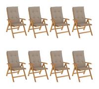 Fauteuils Pliants Inclinables Avec Coussins, 8 Pièces, Bois De Teck | Lot de 8 chaises, bois de teck massif, dossier 6 positions, pliable, coussin dérapant, max 110 kg