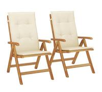 Fauteuils Pliants Inclinables en Bois de Teck, 2 Pièces, avec Coussins | Dossier 6 positions, assise à lattes, accoudoirs incurvés, sangle élastique, max 110 kg par siège