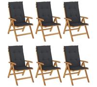 Fauteuils Pliants Inclinables en Bois de Teck, 6 Pièces, avec Coussins | Dossier 6 positions, assise à lattes, accoudoirs incurvés, coussin dérapant, max 110 kg par siège